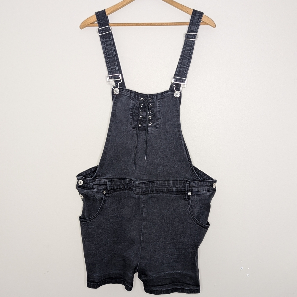 Hot Topic Black Denim Lace-Up Short Overalls Goth Plus Size 2XL *Measures Small*